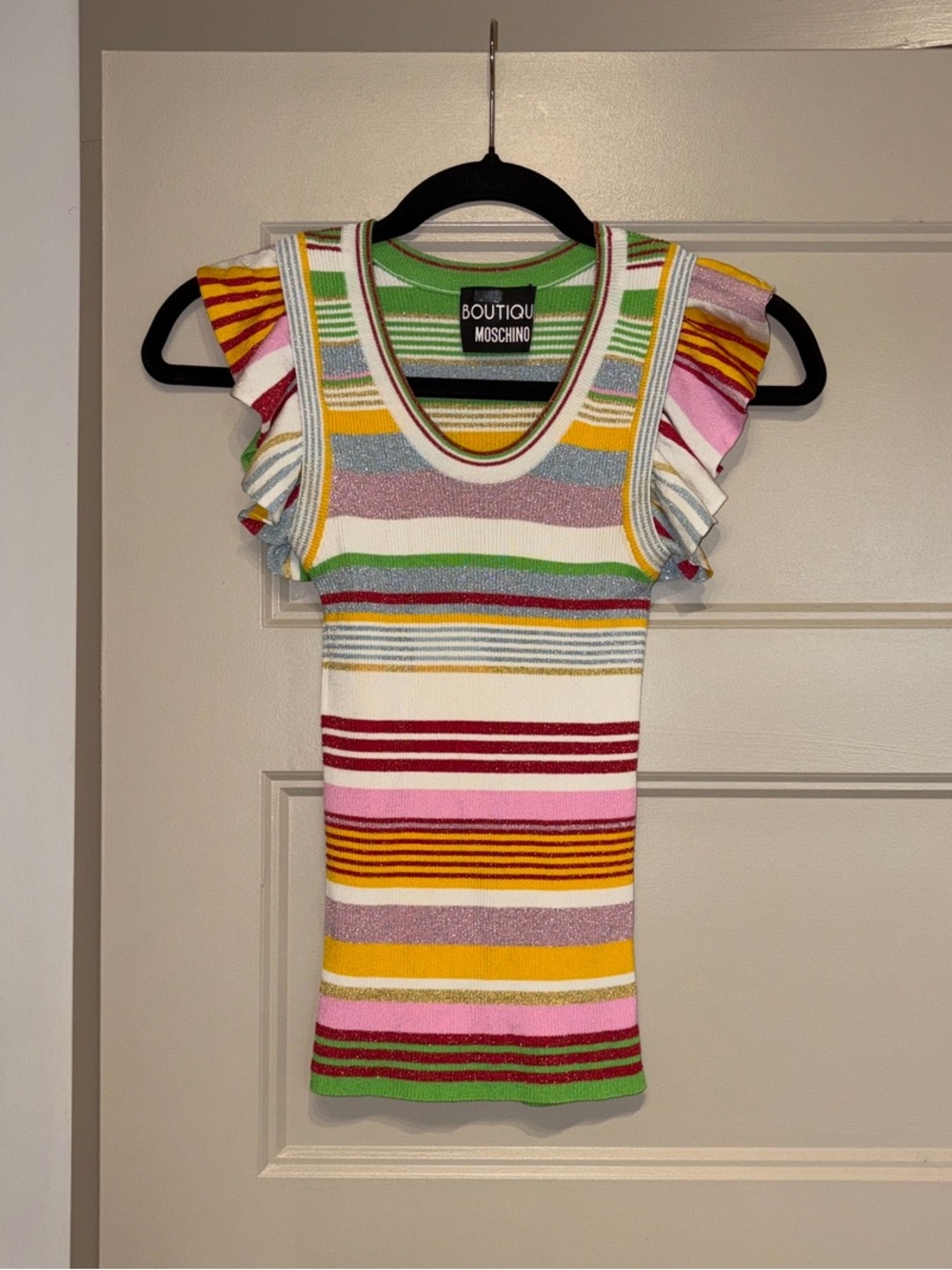 Boutique Moschino Rainbow Stripe Tank Top Metallic Ruffle Sleeveless Knit Size 2